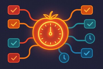 Glowing Pomodoro timer shaped like tomato, surrounded by colorful checkboxes and clocks, symbolizes productivity and time management
