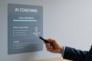 AI-powered coaching personalizes growth through smart, data-driven insights. AI coaching interface displaying goal progress, structured tasks, and insightful tips,