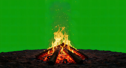 Campfire Flames Burning Bright Against Green Screen