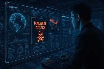 Malware exploits pose serious cybersecurity threats. Person analyzing cybersecurity threats on digital interface, focusing on malware attack alert. atmosphere conveys urgency and concern