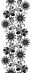 black and white seamless pattern with flowers, swirls, leaves and tendrils on white isolated background, floral design element, vertical decorative border