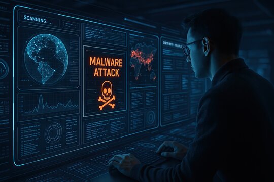 Malware exploits pose serious cybersecurity threats. Person analyzing cybersecurity threats on digital interface, focusing on malware attack alert. atmosphere conveys urgency and concern