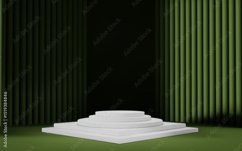 Poster 3d dark green room background with white podium and column. product display with platform. abstract 
