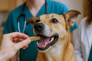 veterinarian approved dog treats support healthy canine nutrition. Dog receiving healthy treat at veterinary clinic, showcasing importance of nutrition and care for pets