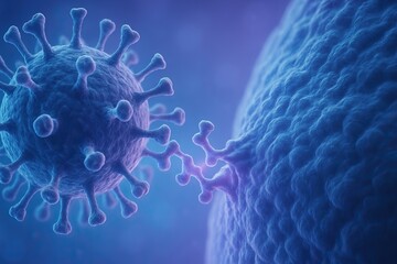 Neuroanatomy explores synapse structure and brain function. Close up view of virus interacting with cell, showcasing intricate details of their structures. image evokes sense of scientific exploration