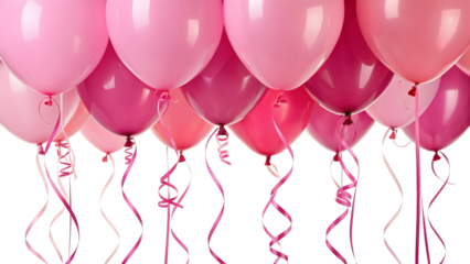 A collection of pink balloons with ribbons hanging down against a black background at a party event