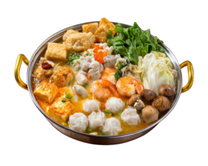 Delicious hotpot filled with variety of ingredients including shrimp, dumplings, tofu, mushrooms, and leafy greens, all simmering flavorful broth. This dish is perfect for sharing and enjoying