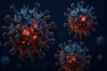 Neuroanatomy explores synapse structure and brain function. Microscopic view of virus particles showcasing intricate structures and glowing features,