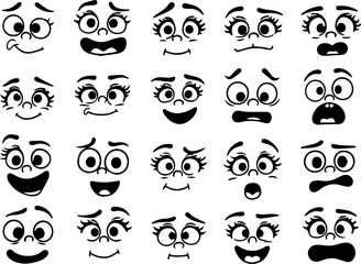 Cartoon retro faces. Vintage emotional face with mascot characters funny faces , eyes and mouths elements.
