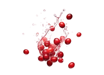 Fototapete red currant berries falling with fresh splash isolated on white or transparent png © David Kreuzberg