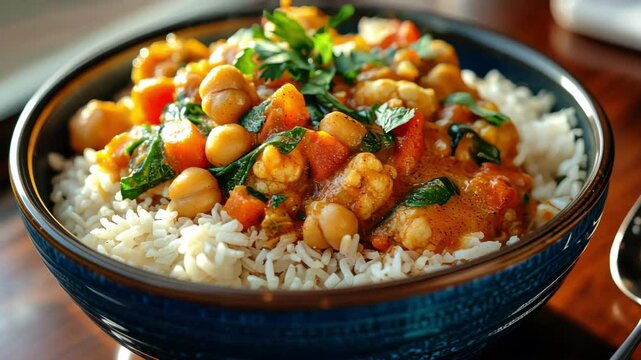 Close-up of a bowl of healthy vegan cauliflower curry with chickpeas and rice.