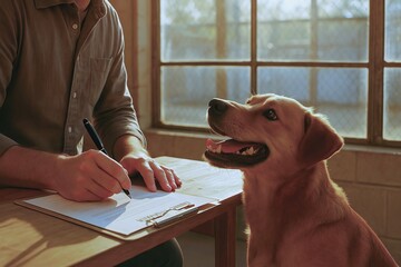 Pet adoption begins with a shelter visit and application. Person is filling out adoption application for dog in warm, inviting shelter environment.