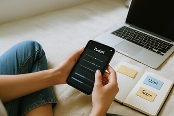 Student finance supports education through loans, grants, and aid. Budgeting is essential for financial management, as shown by person using smartphone app to track expenses and savings