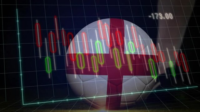 Stock chart moving over flagged soccer ball until cleated foot kicking showing recovery