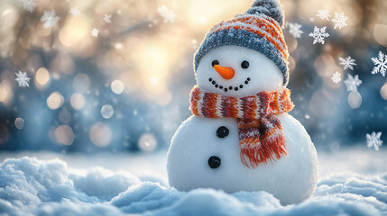 Cute snowman in winter wonderland, adorned with a warm hat and scarf, amidst falling snowflakes, soft bokeh background.