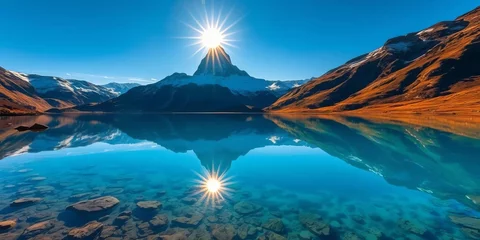 Keuken achterwand Reflectie Sunlit Matterhorn reflected in a vibrant blue alpine lake, Breuil-Cervinia, Aosta Valley,  vista,  Alps  © สาวิตรี ตนกิจ
