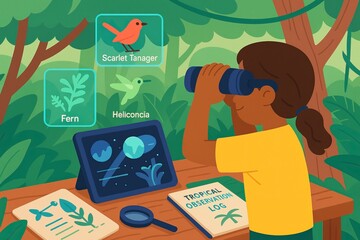 A virtual field trip offers immersive, educational experiences online. Exploring nature with binoculars, child observes wildlife and records findings in tropical observation log