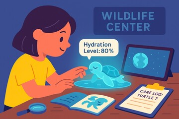 A virtual field trip offers immersive, educational experiences online. Child interacting with turtle in wildlife center, monitoring hydration levels and documenting care