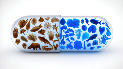 Large capsule filled with various flora and fauna icons, showcasing vibrant mix of microorganisms and marine life. design emphasizes importance of probiotics and biodiversity