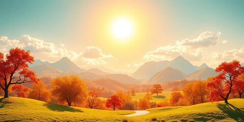 Sunny park landscape with layered paper cut mountains and clouds,  clouds,  sunny day