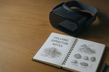 A virtual field trip offers immersive, educational experiences online. Volcano expedition notes in notebook with sketches, accompanied by virtual reality headset on wooden table