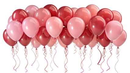 A bunch of pink and red balloons floating against a black background with curly ribbon strings attached