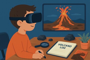 A virtual field trip offers immersive, educational experiences online. Child using virtual reality headset to explore volcanoes, engaged in learning and discovery, with volcano log on table
