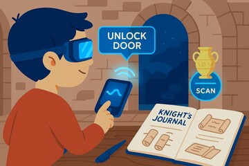 A virtual field trip offers immersive, educational experiences online. Unlock door to adventure with virtual field trip experience, featuring boy using augmented reality to explore medieval setting