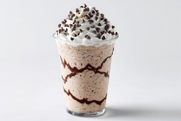 Delicious chocolate milkshake topped with whipped cream and chocolate chips in a clear plastic cup