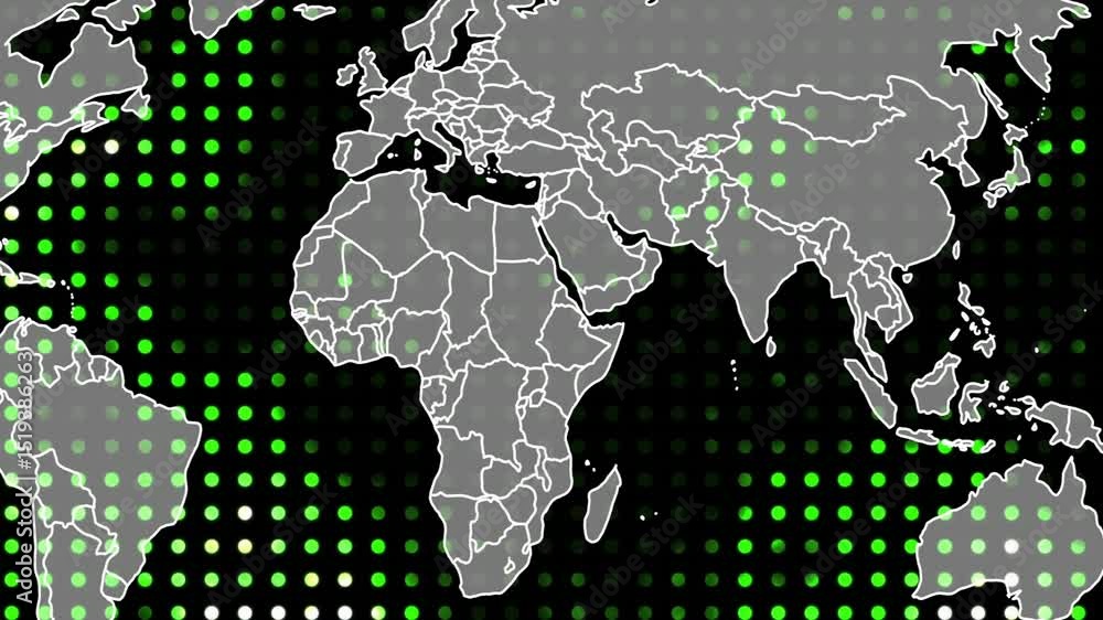 Poster with faint silhouette emerging on grid, lines tracing continents and dots pulsing revealing map
