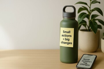 Personalized learning tailors education to individual student needs. Green water bottle with motivational note and smartphone on wooden table, symbolizing small actions leading to big changes