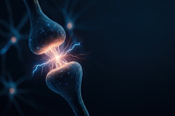 Neuroanatomy explores synapse structure and brain function. Close up view of synapse showcasing connection between two neurons, with electric sparks symbolizing neurotransmission