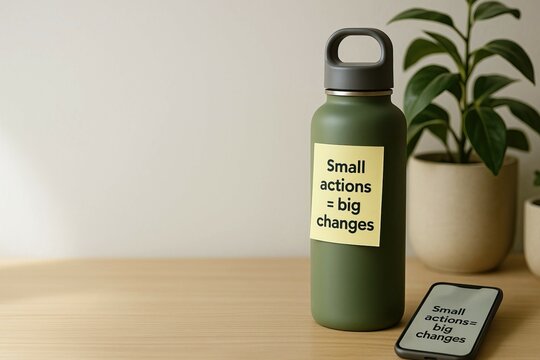 Personalized learning tailors education to individual student needs. Green water bottle with motivational note and smartphone on wooden table, symbolizing small actions leading to big changes