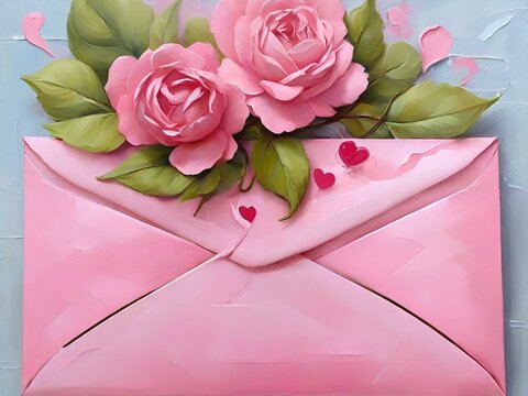 AI Generated Image Of A Pink Envelope With Pink Flowers For Valentine
