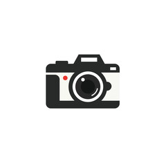 Simple Flat Design Camera Icon with Red Dot on White Background