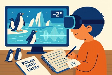 A virtual field trip offers immersive, educational experiences online. Child using virtual reality headset for polar data entry, observing penguins and icebergs on screen