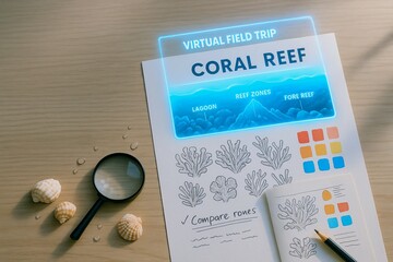 A virtual field trip offers immersive, educational experiences online. Virtual field trip exploring coral reef zones, showcasing vibrant marine life and educational activities for students engagement