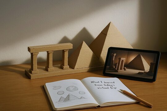 A virtual field trip offers immersive, educational experiences online. Cardboard pyramids and columns create unique learning environment, showcasing creativity and exploration in virtual education
