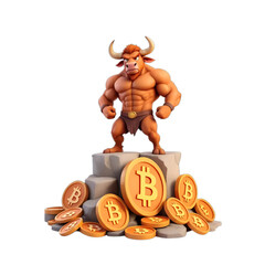 Muscular bull mascot atop crypto coins. Bitcoin market bull run illustration.