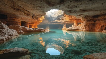 Crystal-clear pool in a sunlit cave