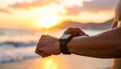 Man checking his smartwatch on the beach at sunset, with the sea, sand and sky in the background