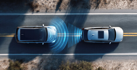 Top view of two cars using advanced driver-assistance system with radar detection on a road, visualizing autonomous vehicle technology and safe driving distance.