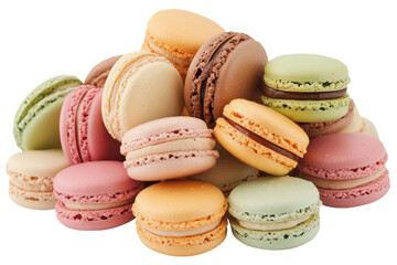 Obraz premium Colorful French macarons stack, pastel cookie assortment, sweet dessert treat for bakery menu, party catering and gift isolated on Transparent Background