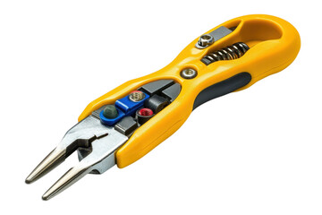 Fototapeta premium Yellow Wire Stripper Tool Pliers Close Up on Black Professional Electrical Tool for Cable on transparent background