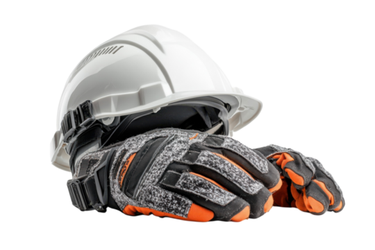 White Hard Hat Construction Safety Protective Headgear Orange Gray Work Gloves Isolated Secure on transparent background