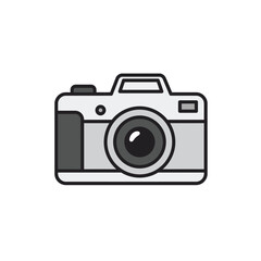 Simple Camera Illustration with Black Outline and Gray Fill on White Background