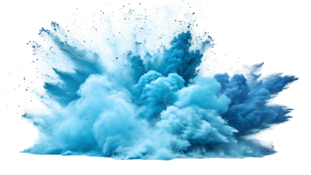 A vibrant explosion of blue and white powder creating a dynamic and abstract cloud like formation