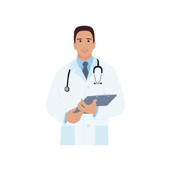 A male doctor smiling, standing, and holding a file. Isolated. Vector illustration.