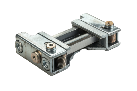 Industrial Metal Connector Silver Adjustable Clamp Mechanism with Golden Bolts Engineering on transparent background