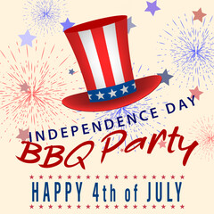 US Independence Day barbecue party flyer, greeting card, invitation template. 4th of July BBQ party background. Vector illustration.